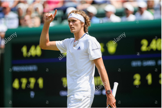 Alexander Zverev indicating the chair he wishes to challenge the call
